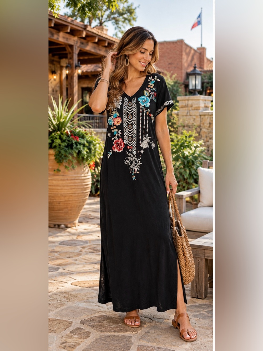 Caite Black Cotton Floral Embroidered V-Neck Maxi Dress Small Boho Handmade
